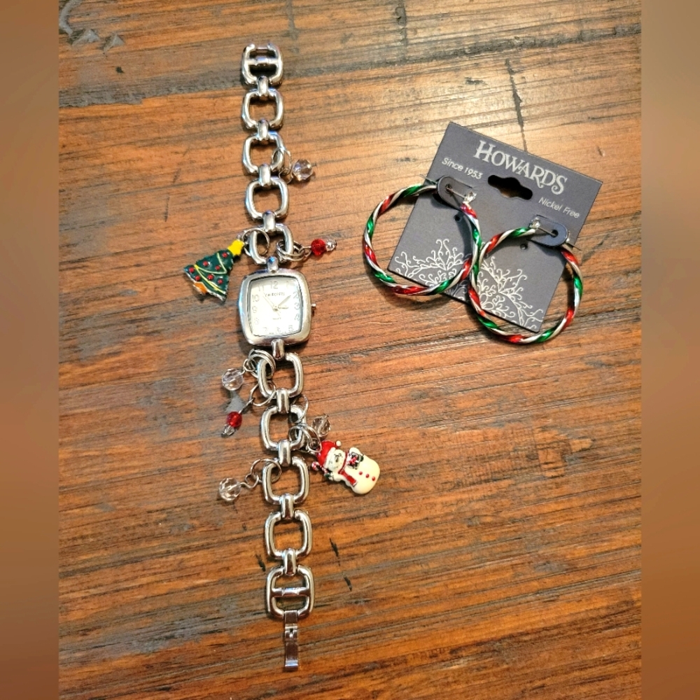 Kim Rogers Christmas Charm Watch With Christmas Hoop Earrings